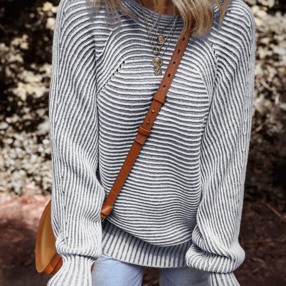 B309 Ashleigh Blue Striped Print Ribbed Knit Boat Neck Baggy Sweater - Picture 2 of 9